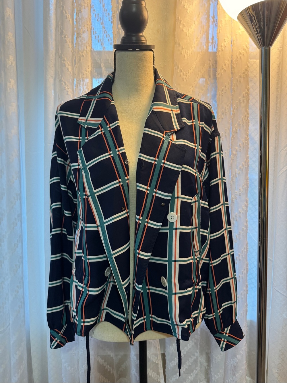 Plaid Double-Breasted Navy Blazer with Cream & Rust Grid